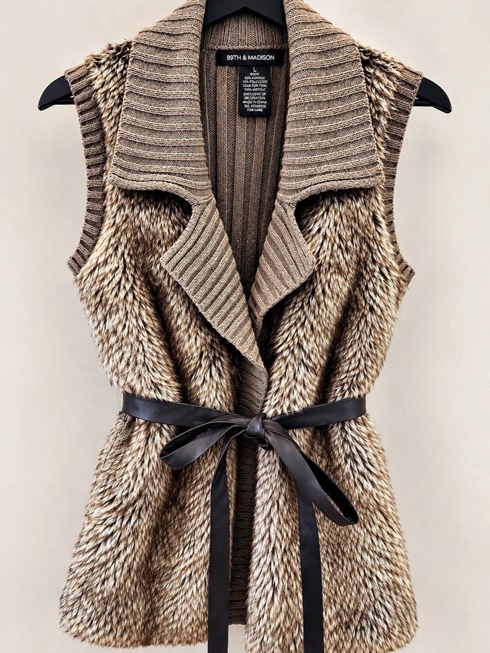 89th & Madison Faux Fur Knit Sweater Vest Belted Boho Luxe Size L